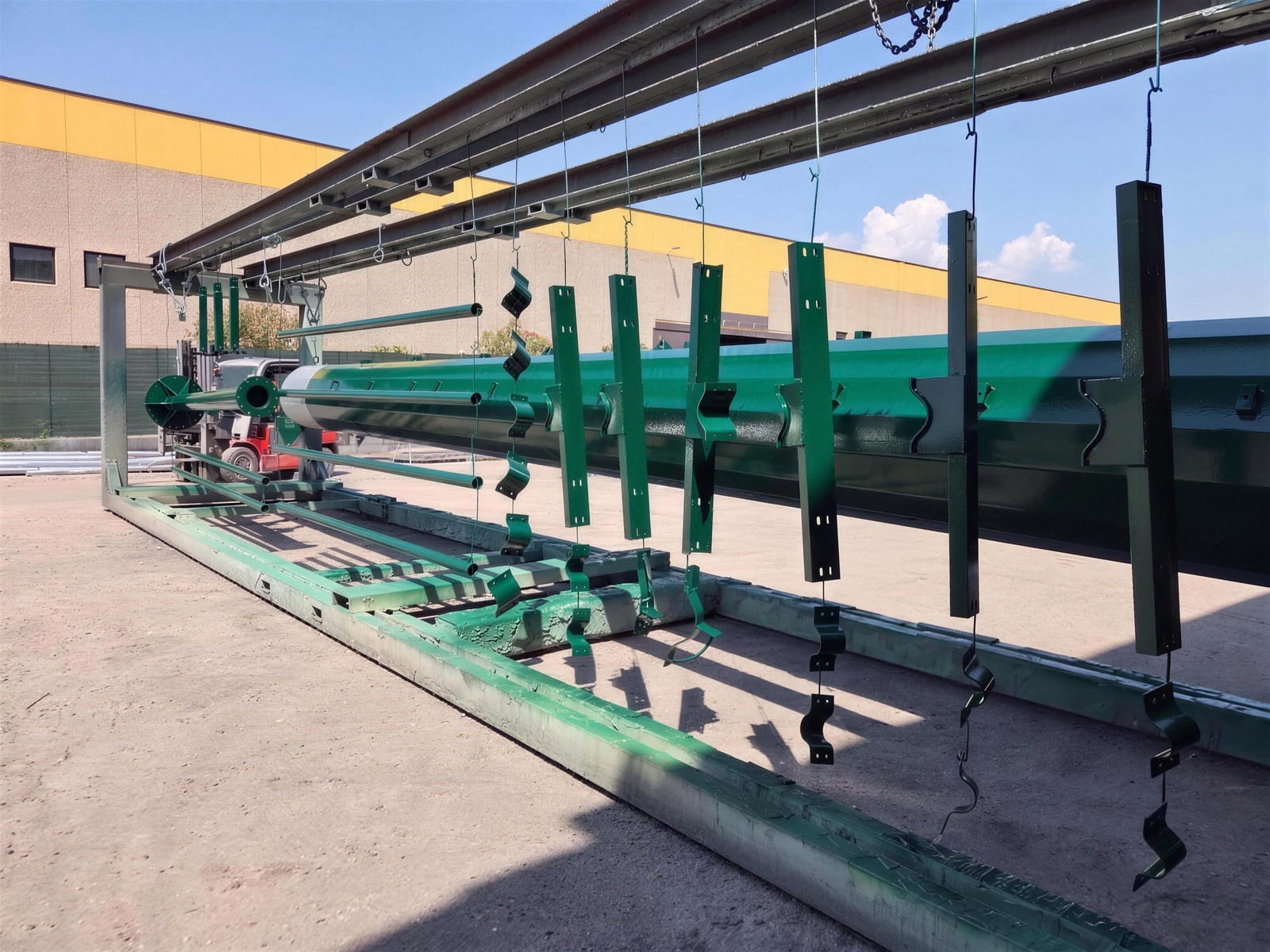 Linea di verniciatura con mensole e collari verdi per pali elettrici Siderpali