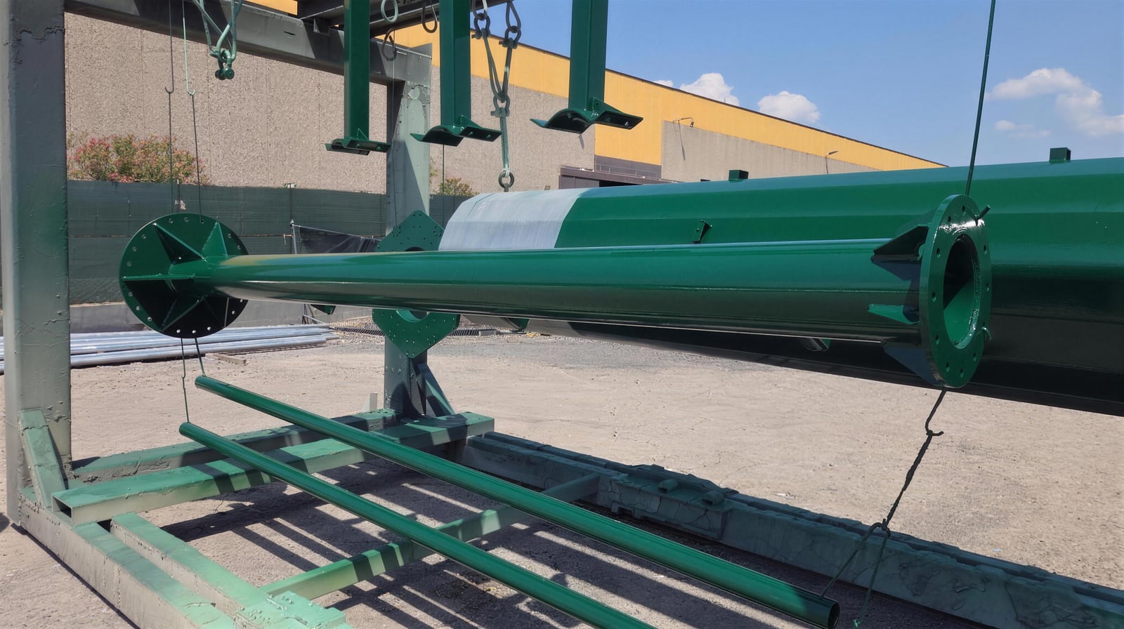 Palo flangiato di piccolo diametro verniciato verde sulla linea aerea